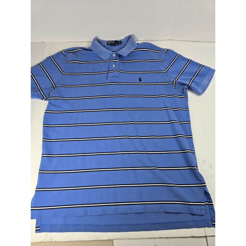 Polo Ralph Lauren Shirt Mens XL Blue Striped Polo Short Sleeve Rugby Soccer Vtg